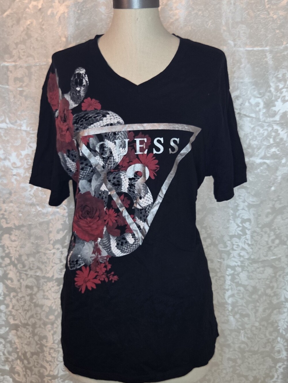 Guess Black V-Neck Tee with Red Floral & Snake Graphic XL